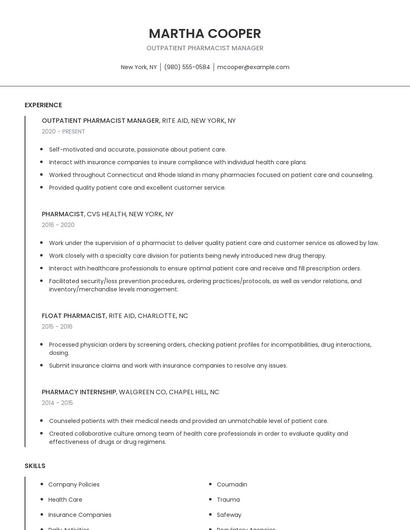 Outpatient Pharmacist Manager Resume