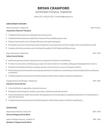 Outpatient Physical Therapist Resume