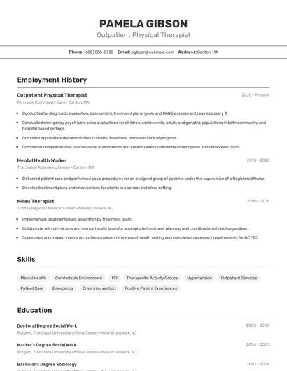 Outpatient Physical Therapist Resume
