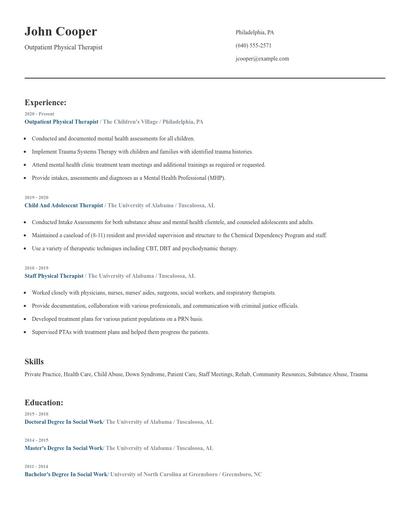 Outpatient Physical Therapist Resume