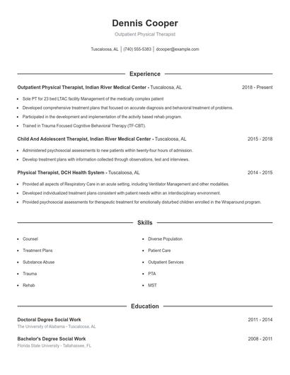 Outpatient Physical Therapist Resume