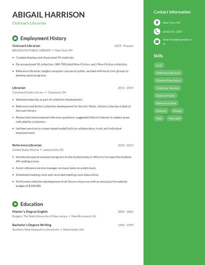 Outreach Librarian Resume