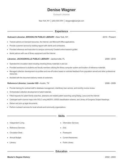 Outreach Librarian Resume