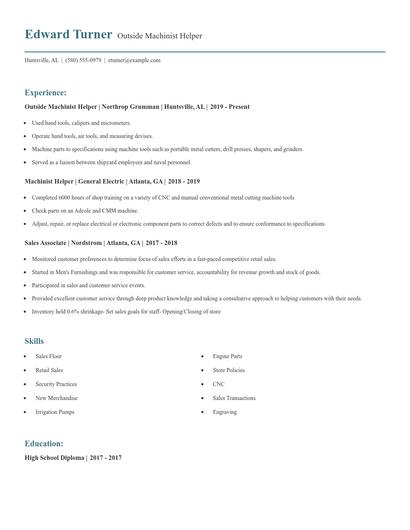 Outside Machinist Helper Resume