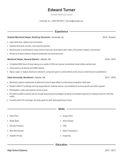 Outside Machinist Helper Resume