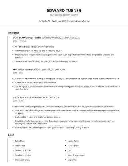 Outside Machinist Helper Resume