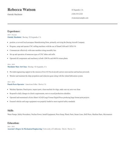 Outside Machinist Resume