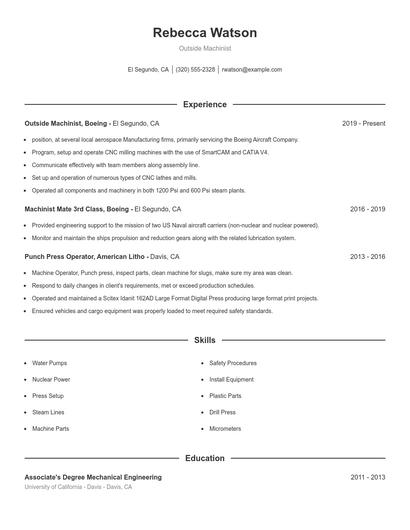 Outside Machinist Resume