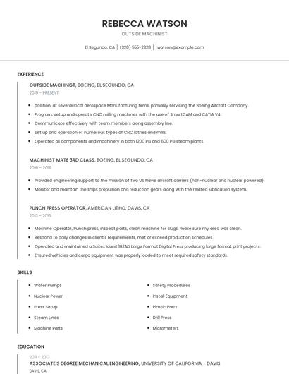 Outside Machinist Resume