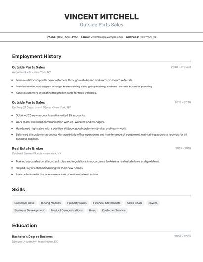 Outside Parts Sales Resume