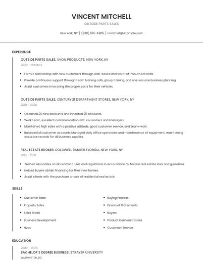 Outside Parts Sales Resume