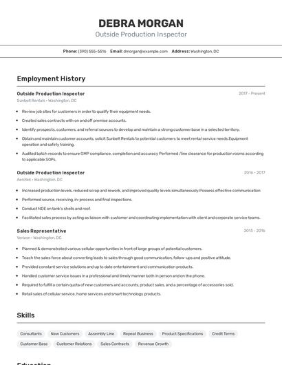 Outside Production Inspector Resume