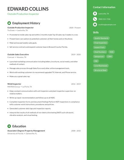 Outside Production Inspector Resume