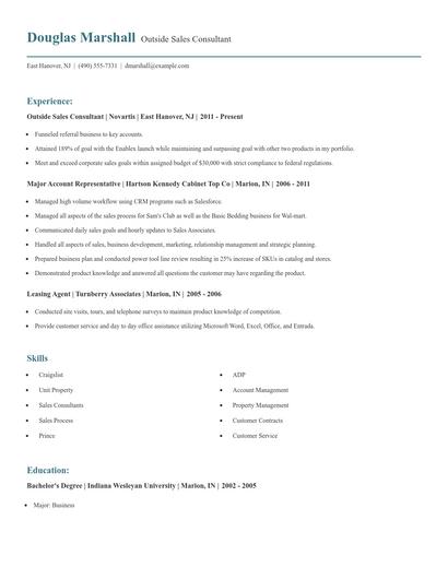 Outside Sales Consultant Resume