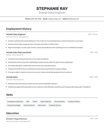 Outside Sales Engineer Resume