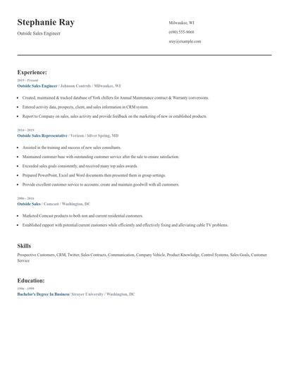 Outside Sales Engineer Resume