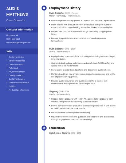 Oven Operator Resume