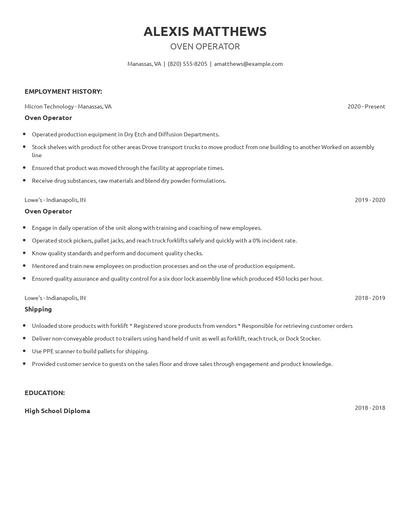 Oven Operator Resume