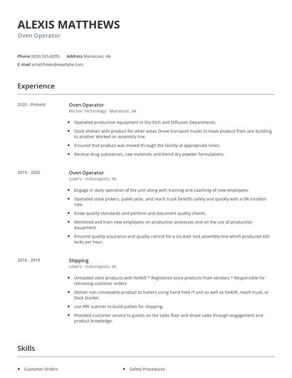 Oven Operator Resume