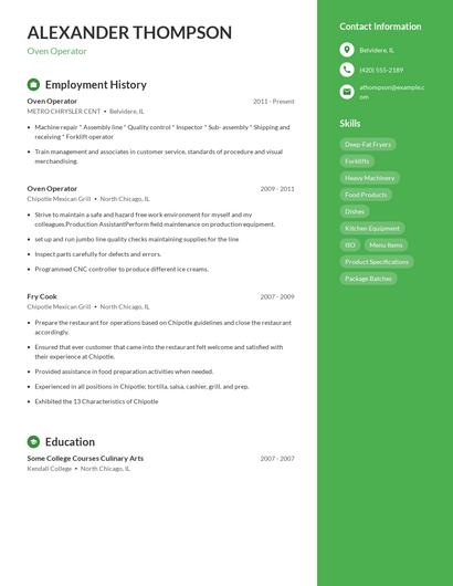 Oven Operator Resume