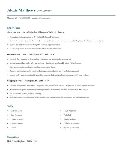 Oven Operator Resume