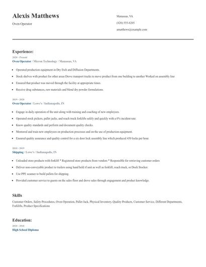 Oven Operator Resume