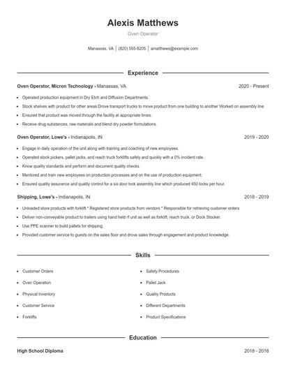 Oven Operator Resume