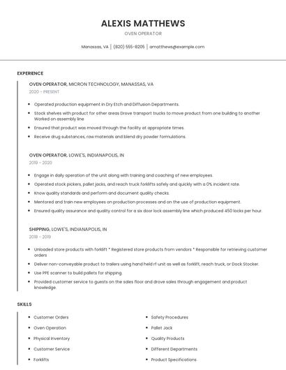 Oven Operator Resume