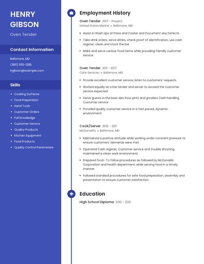 Oven Tender Resume