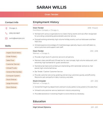 Oven Tender Resume