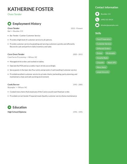 Oven Tender Resume