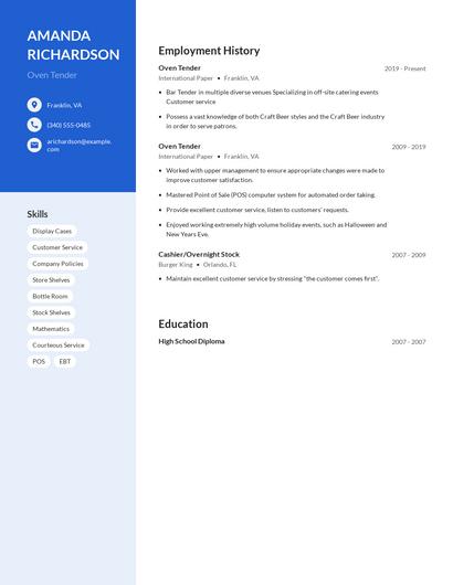 Oven Tender Resume