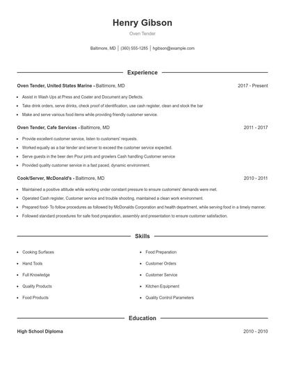 Oven Tender Resume
