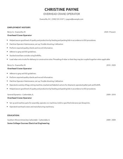 Overhead Crane Operator Resume