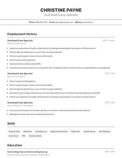 Overhead Crane Operator Resume