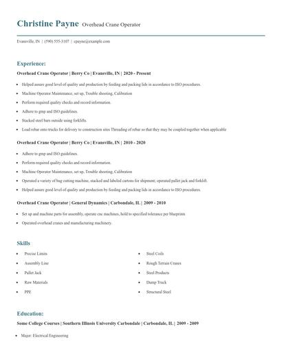 Overhead Crane Operator Resume