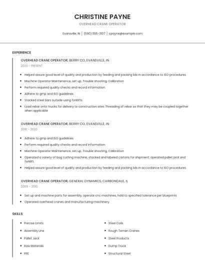 Overhead Crane Operator Resume