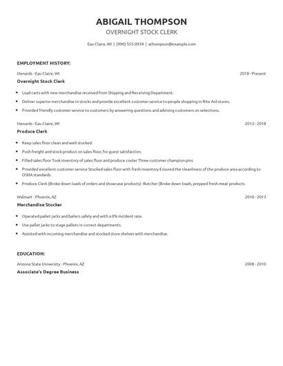 Overnight Stock Clerk Resume
