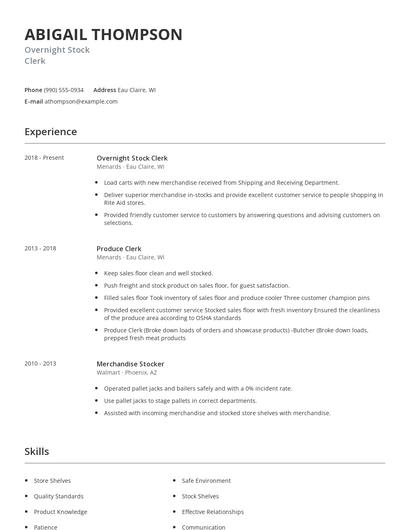 Overnight Stock Clerk Resume