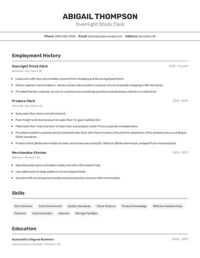 Overnight Stock Clerk Resume