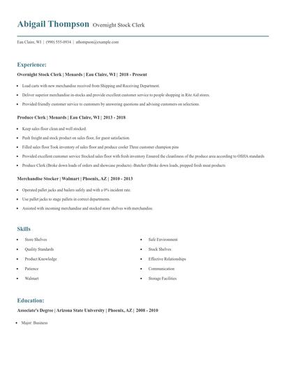 Overnight Stock Clerk Resume