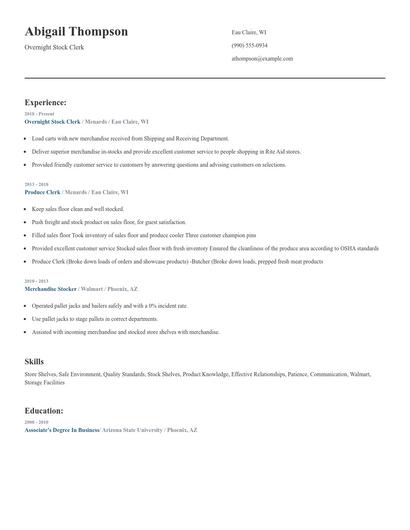 Overnight Stock Clerk Resume