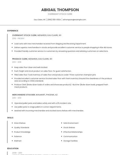 Overnight Stock Clerk Resume