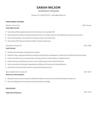 Overnight Stocker Resume