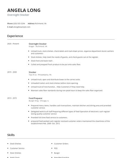 Overnight Stocker Resume