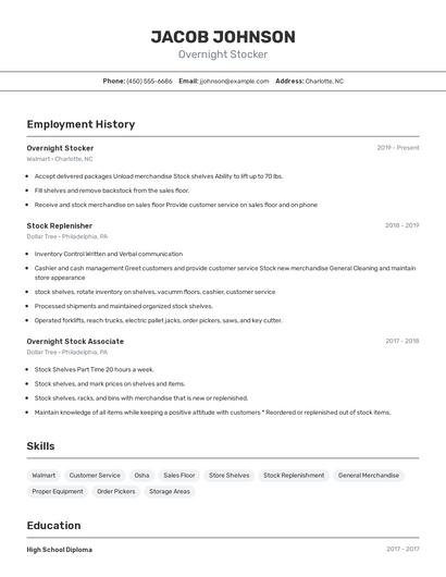 Overnight Stocker Resume