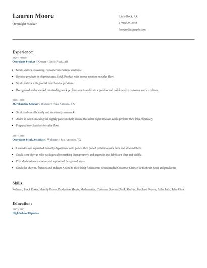 Overnight Stocker Resume