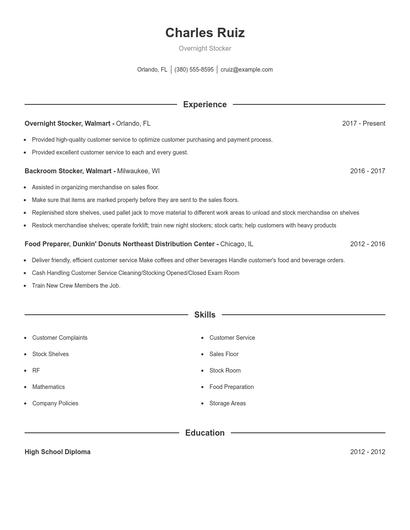 Overnight Stocker Resume