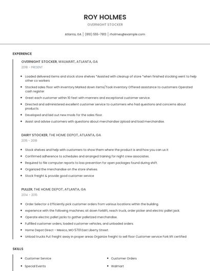 Overnight Stocker Resume