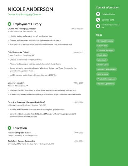Owner And Managing Director Resume